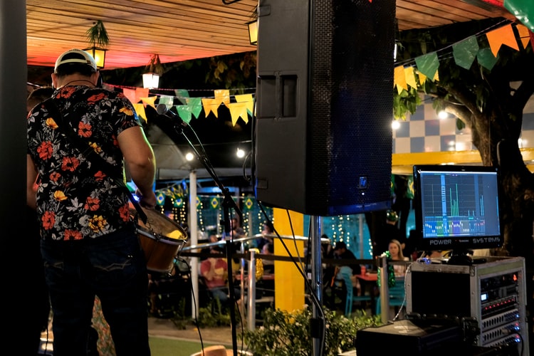 musician-playing-hearing-monitors A musician and a hearing monitor at a live show.